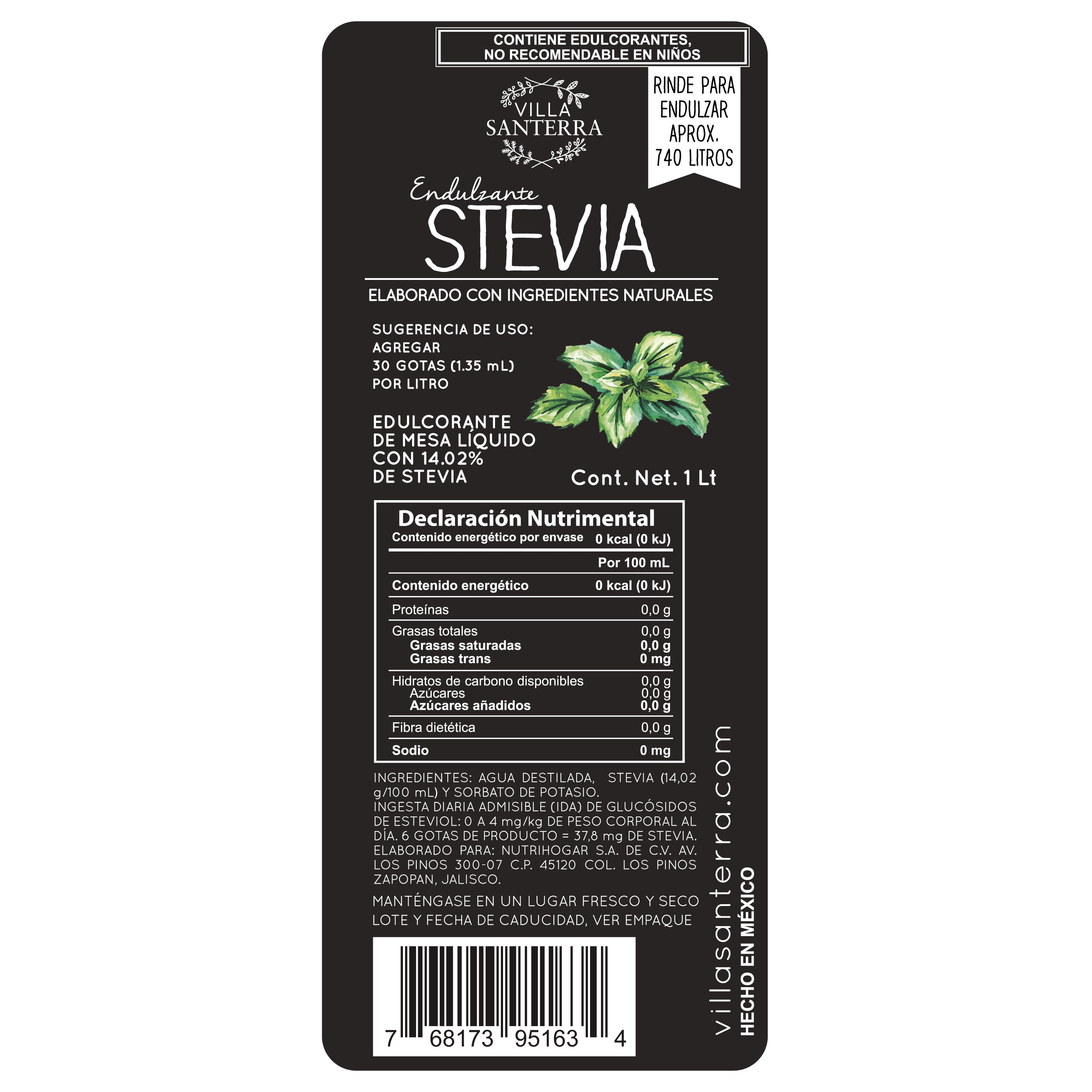 Stevia Líquida Villa Santerra 1L Para Food Service