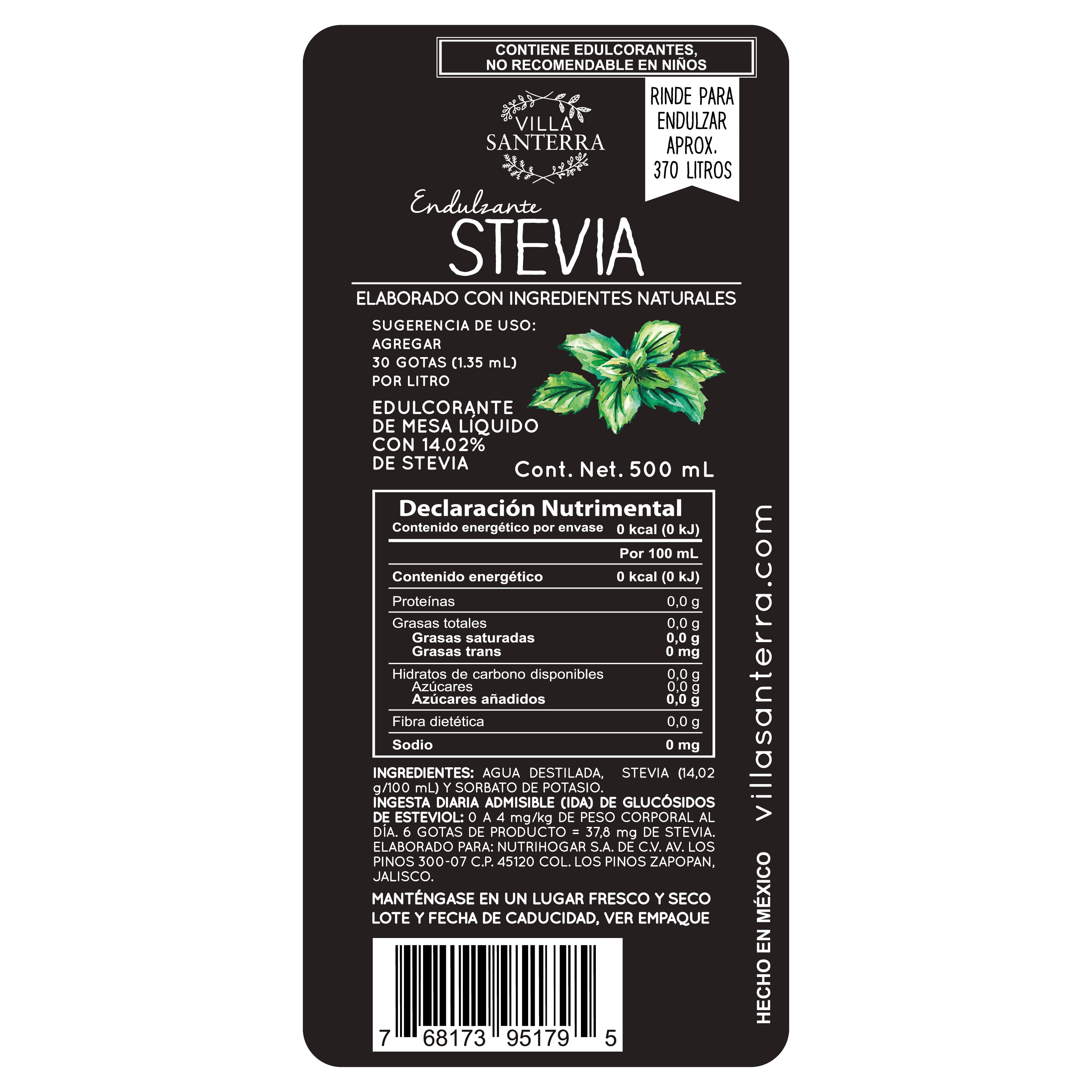 Stevia Líquida Villa Santerra 500 ML Para Food Service