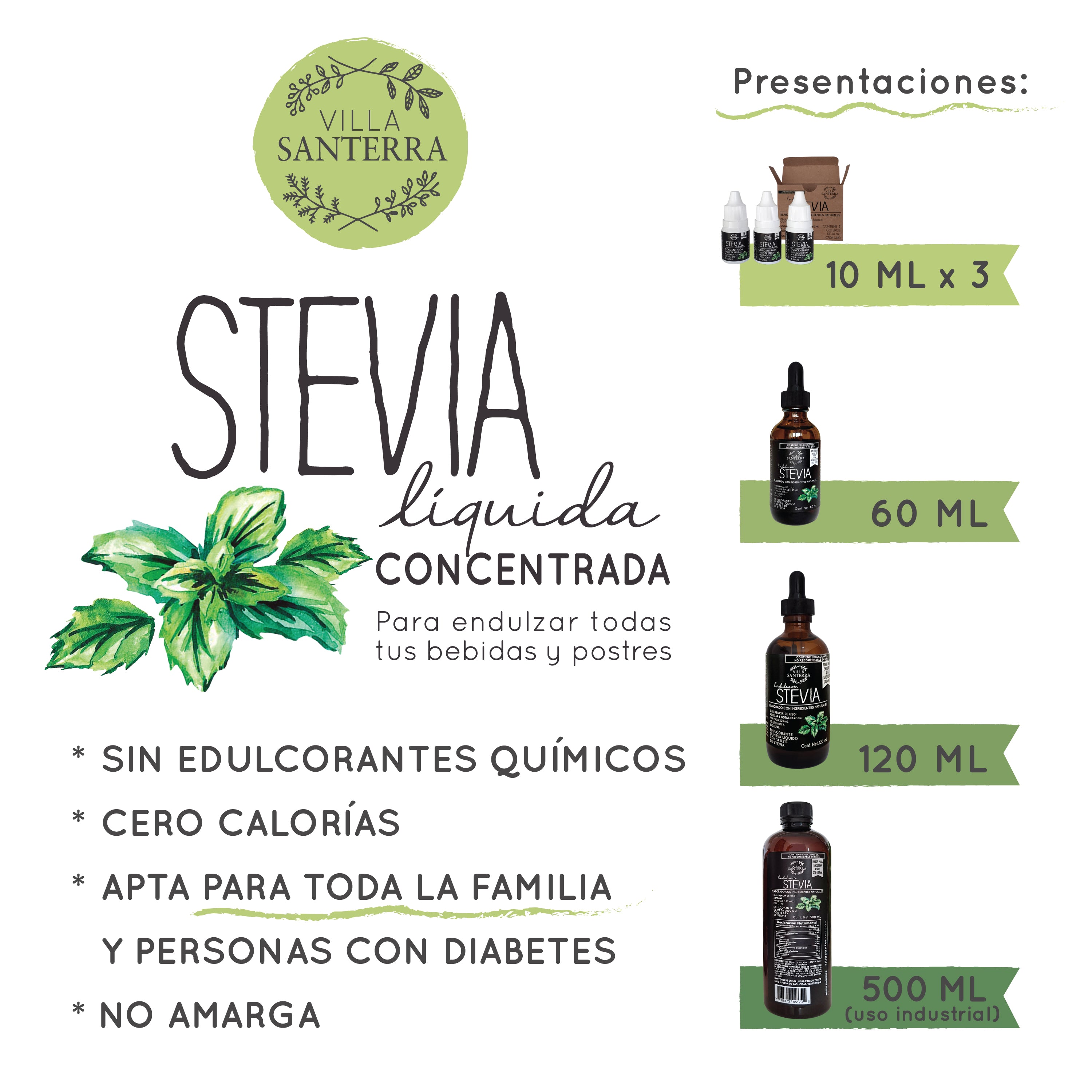 Stevia Líquida Villa Santerra 500 ML Para Food Service